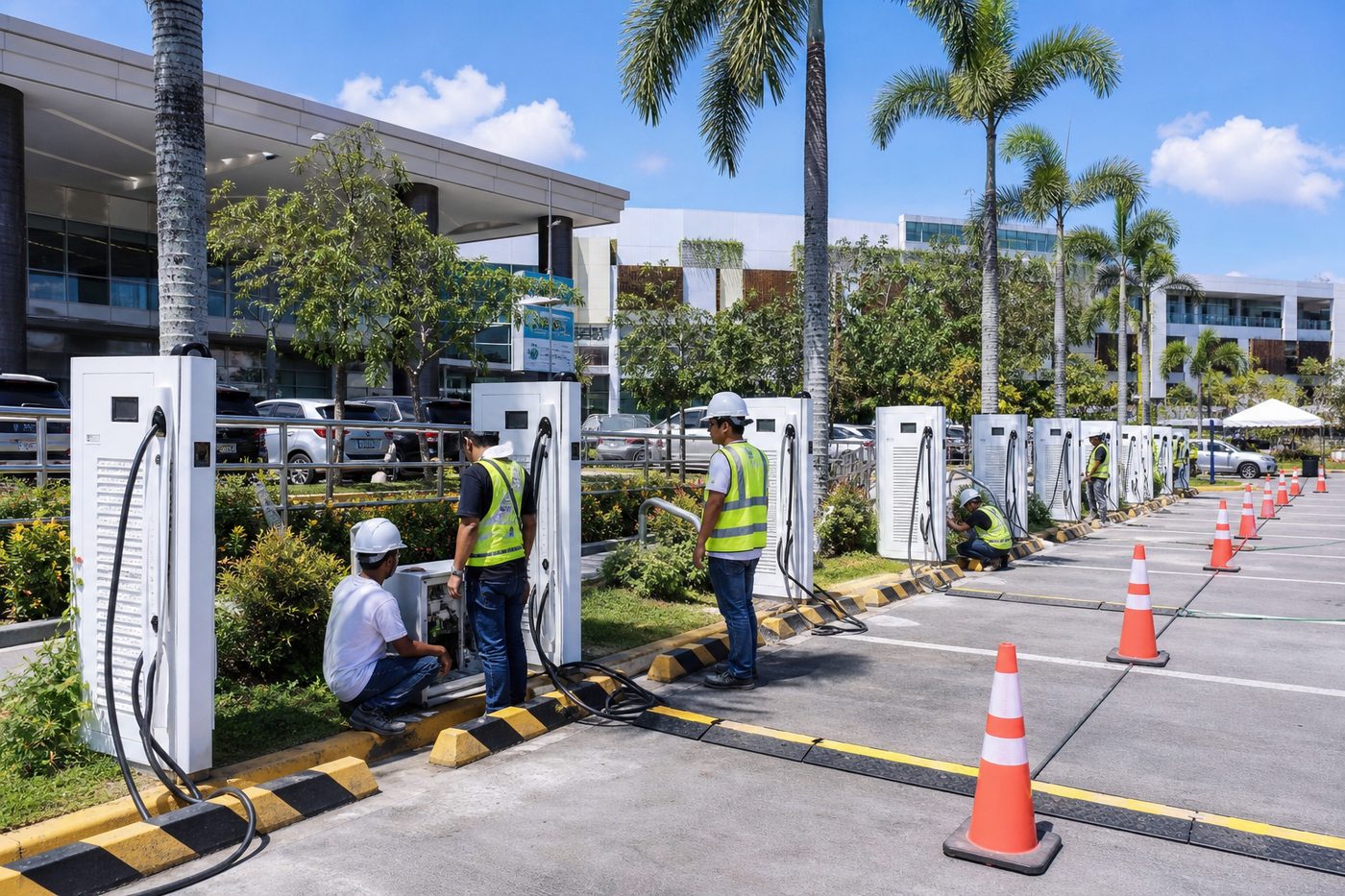 Brothers Energy technicians commissioning commercial electric vehicle charging equipment